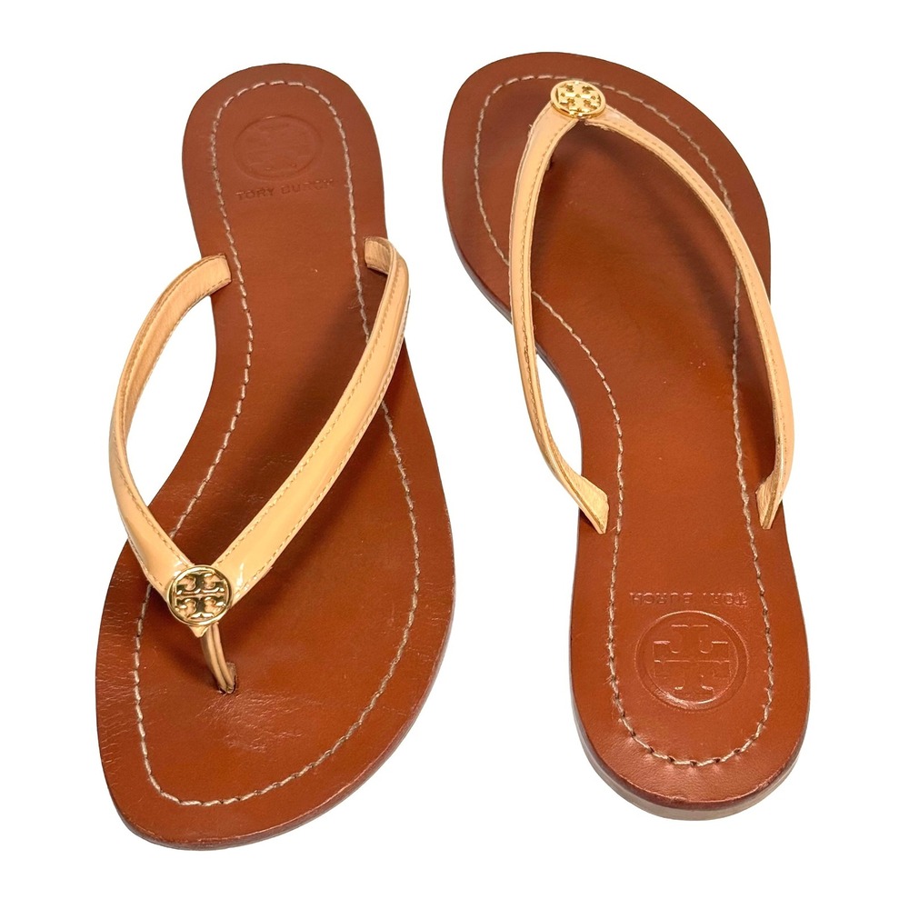 Tory Burch Terra Thong Patent Leather Sandals Nude Gold Logo Flip Flops Flat 7M - Picture 8 of 13